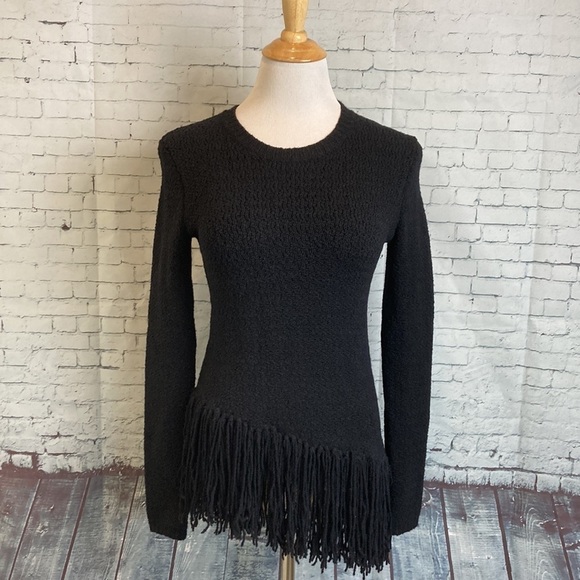 THEORY Sweater Hudina Asymmetrical Fringe Crew Merino Wool XS Luxury Elevated - Picture 6 of 16